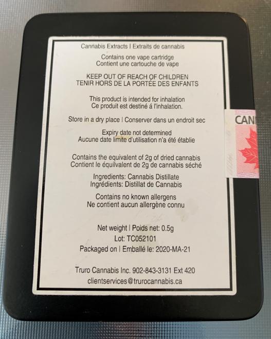 Truro Cannabis Inc. recalls one lot of Truro CBD 32 510 Vape Cartridge